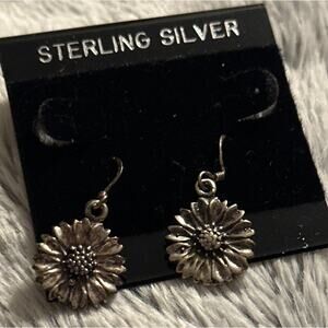 Daisy Sunflower‎ Dangle Charm Earrings, Sterling Silver French Hook Ear Wire